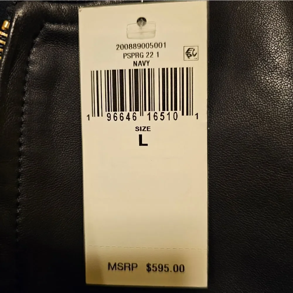 NWT‎ LAUREN RALPH LAUREN Dark Navy Stretch Leather Bomber Jacket - Size Large